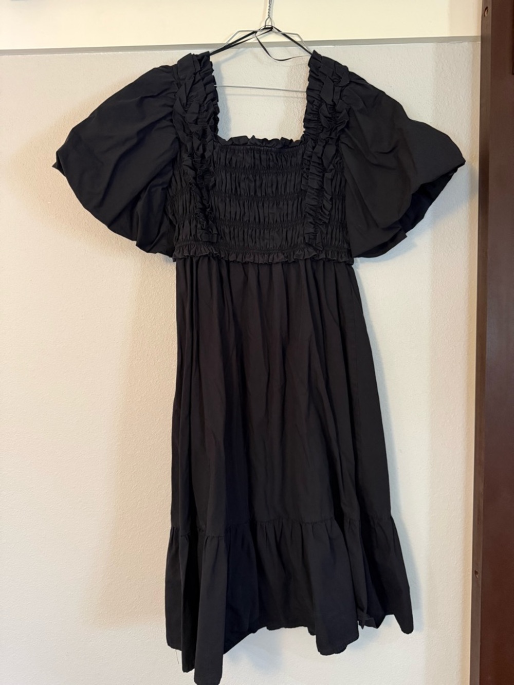 English Factory Black Smocked Midi Dress with Puff Sleeves
